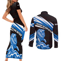 Scotland Lion Couples Matching Short Sleeve Bodycon Dress and Long Sleeve Button Shirt with Blue and White Saltire and Tartan Pattern - Wonder Print Shop