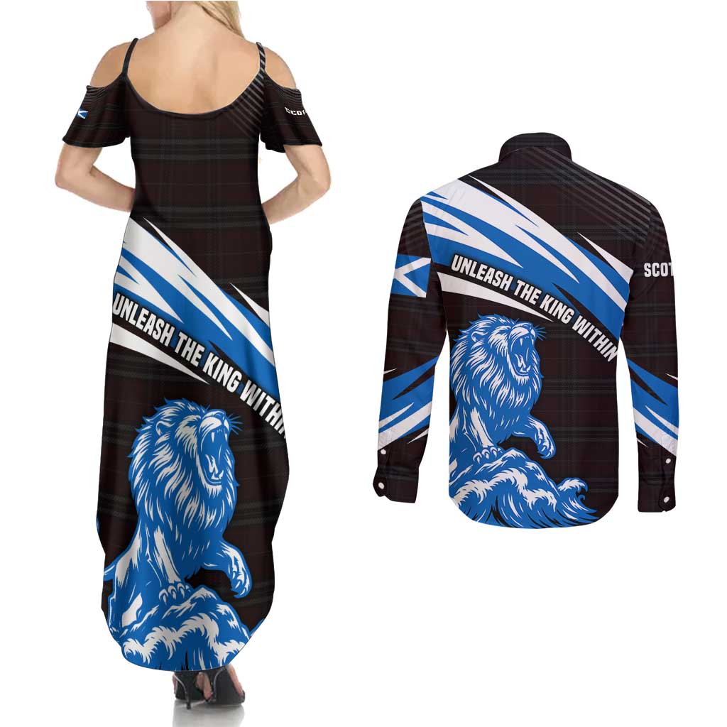 Scotland Lion Couples Matching Summer Maxi Dress and Long Sleeve Button Shirt with Blue and White Saltire and Tartan Pattern - Wonder Print Shop
