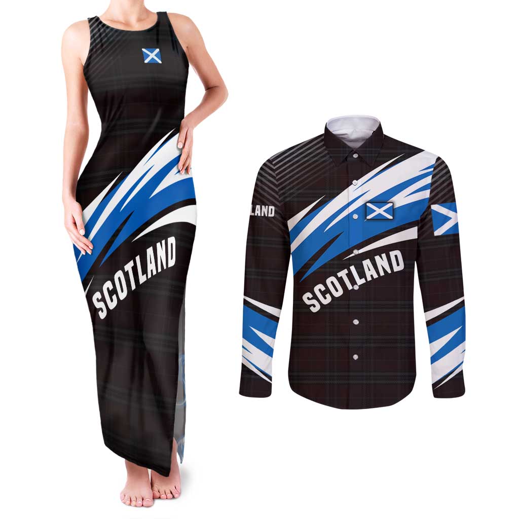 Scotland Lion Couples Matching Tank Maxi Dress and Long Sleeve Button Shirt with Blue and White Saltire and Tartan Pattern - Wonder Print Shop