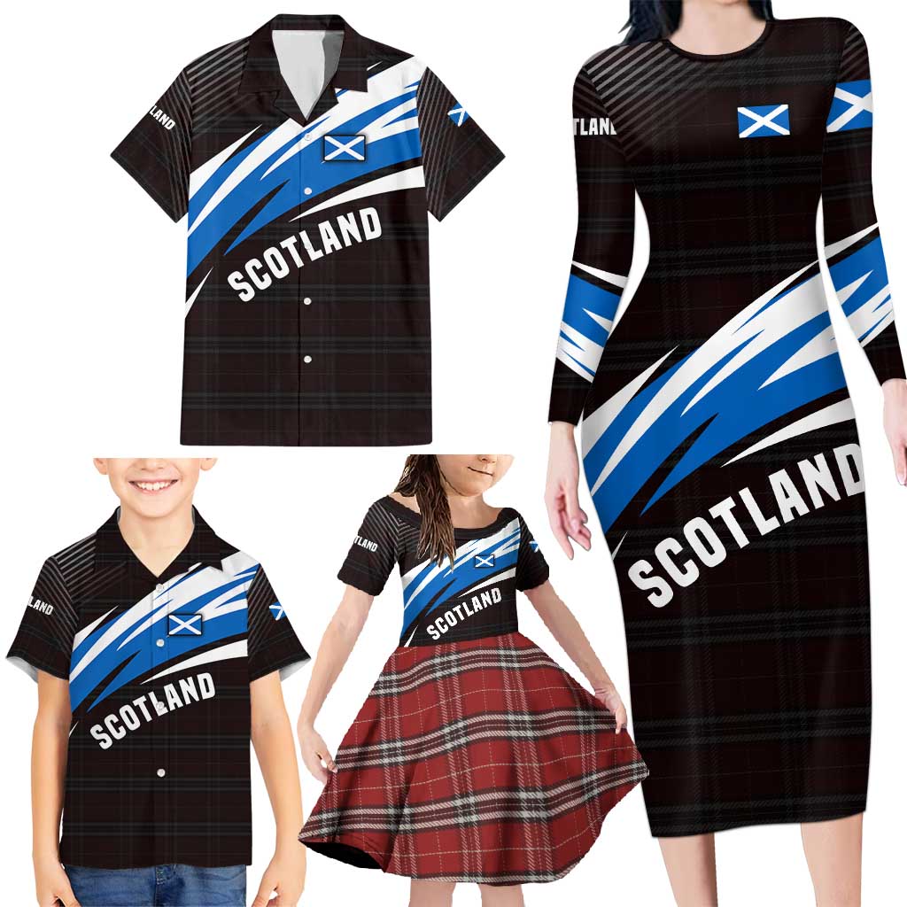 Scotland Lion Family Matching Long Sleeve Bodycon Dress and Hawaiian Shirt with Blue and White Saltire and Tartan Pattern - Wonder Print Shop