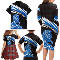 Scotland Lion Family Matching Long Sleeve Bodycon Dress and Hawaiian Shirt with Blue and White Saltire and Tartan Pattern - Wonder Print Shop
