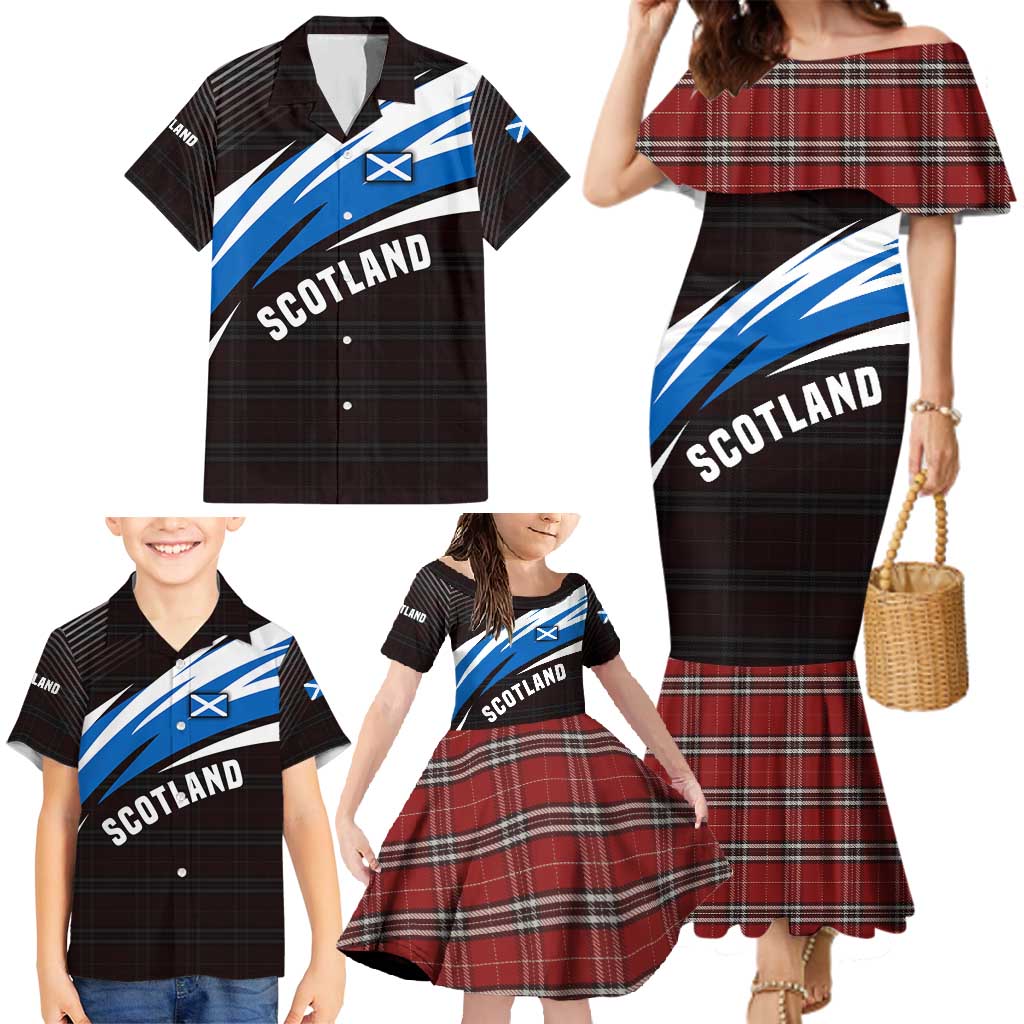 Scotland Lion Family Matching Mermaid Dress and Hawaiian Shirt with Blue and White Saltire and Tartan Pattern - Wonder Print Shop