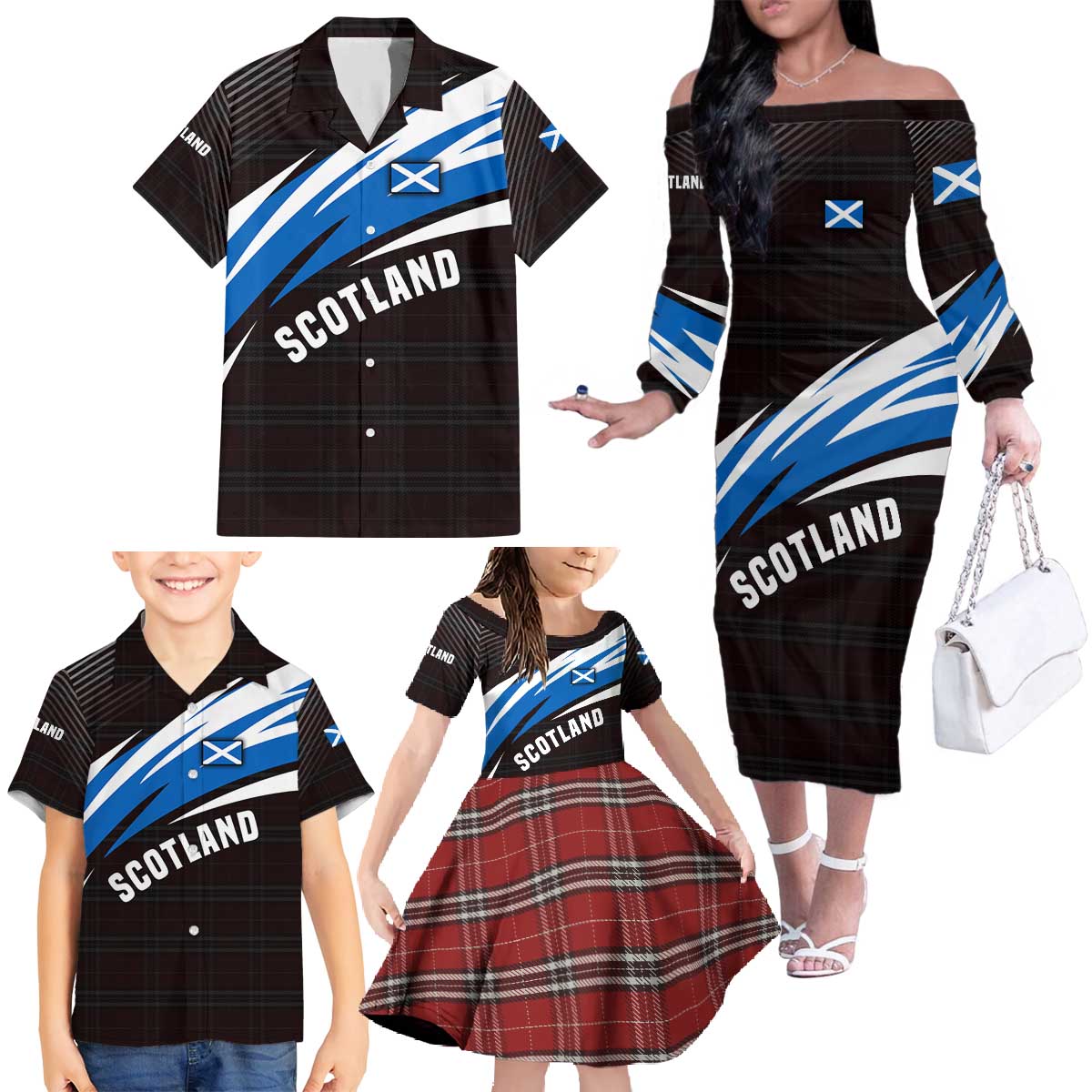 Scotland Lion Family Matching Off The Shoulder Long Sleeve Dress and Hawaiian Shirt with Blue and White Saltire and Tartan Pattern - Wonder Print Shop