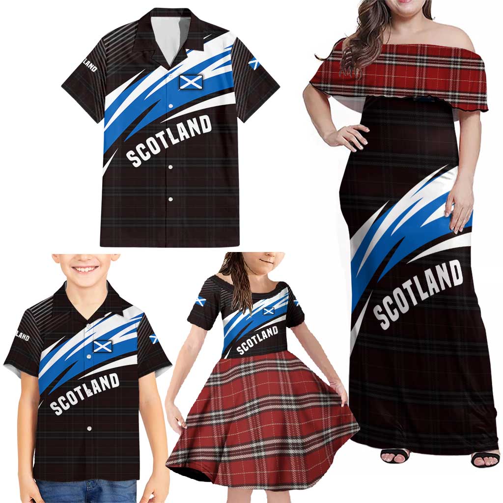 Scotland Lion Family Matching Off Shoulder Maxi Dress and Hawaiian Shirt with Blue and White Saltire and Tartan Pattern - Wonder Print Shop