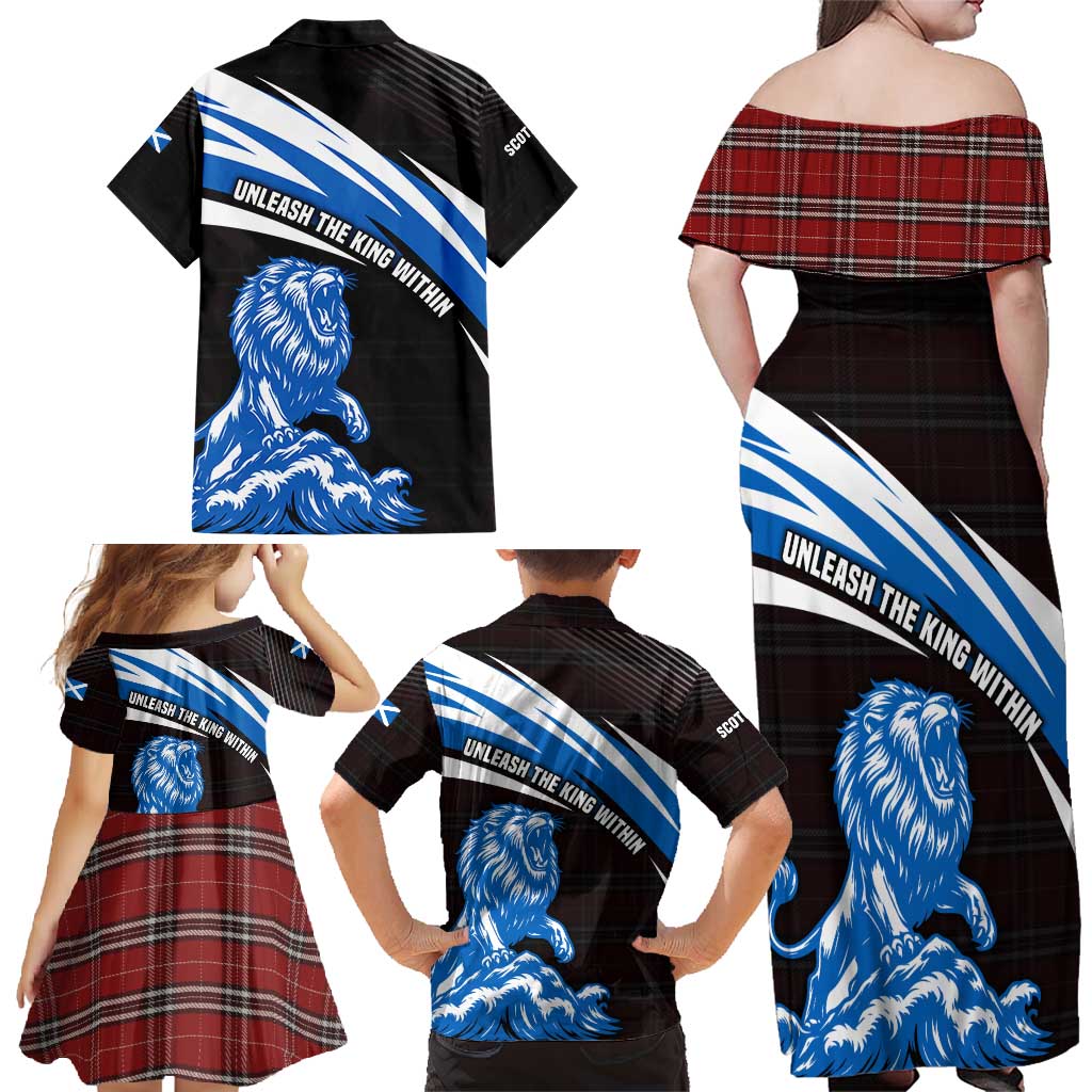 Scotland Lion Family Matching Off Shoulder Maxi Dress and Hawaiian Shirt with Blue and White Saltire and Tartan Pattern - Wonder Print Shop