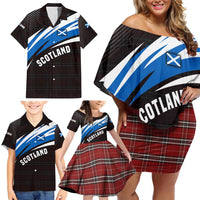 Scotland Lion Family Matching Off Shoulder Short Dress and Hawaiian Shirt with Blue and White Saltire and Tartan Pattern - Wonder Print Shop