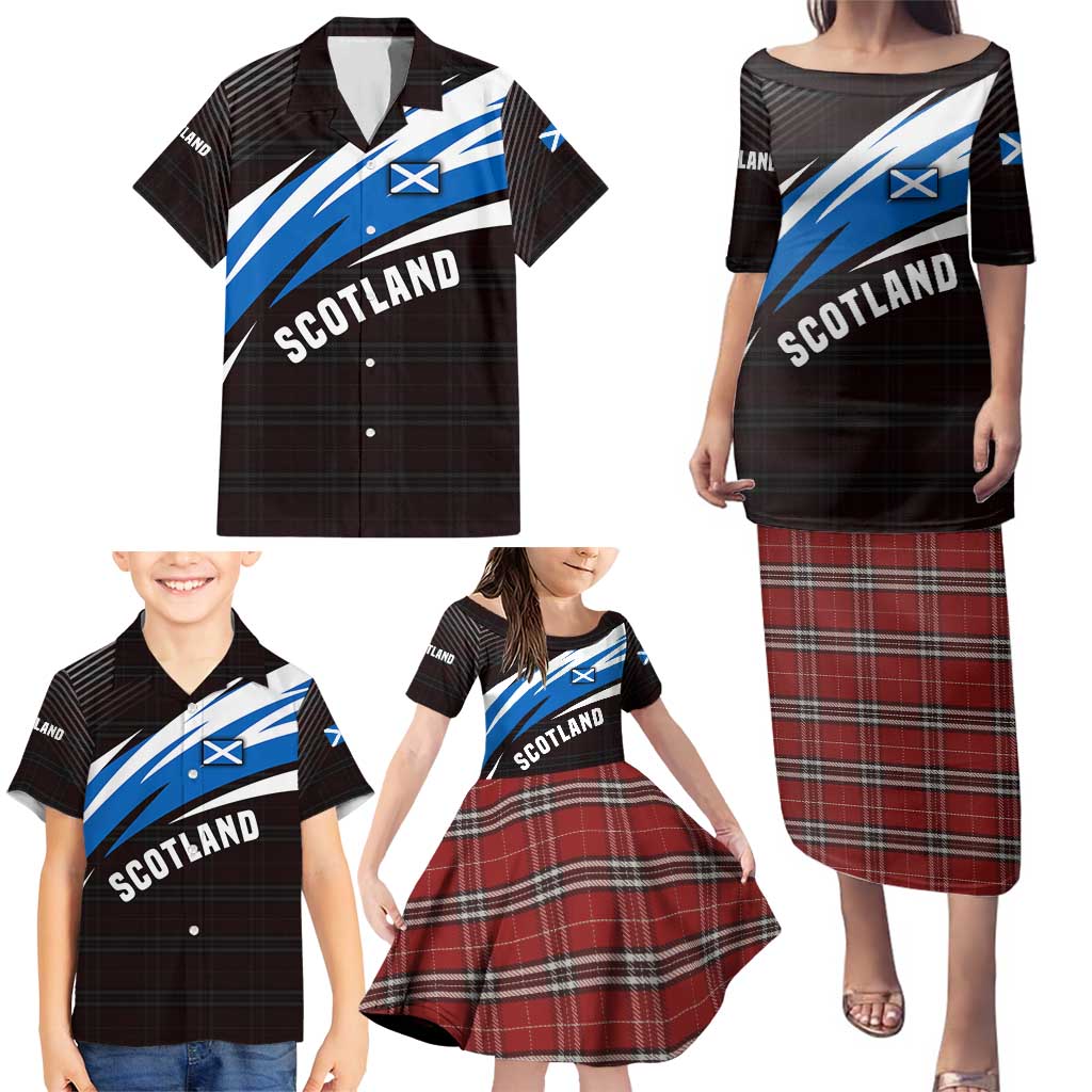 Scotland Lion Family Matching Puletasi and Hawaiian Shirt with Blue and White Saltire and Tartan Pattern - Wonder Print Shop
