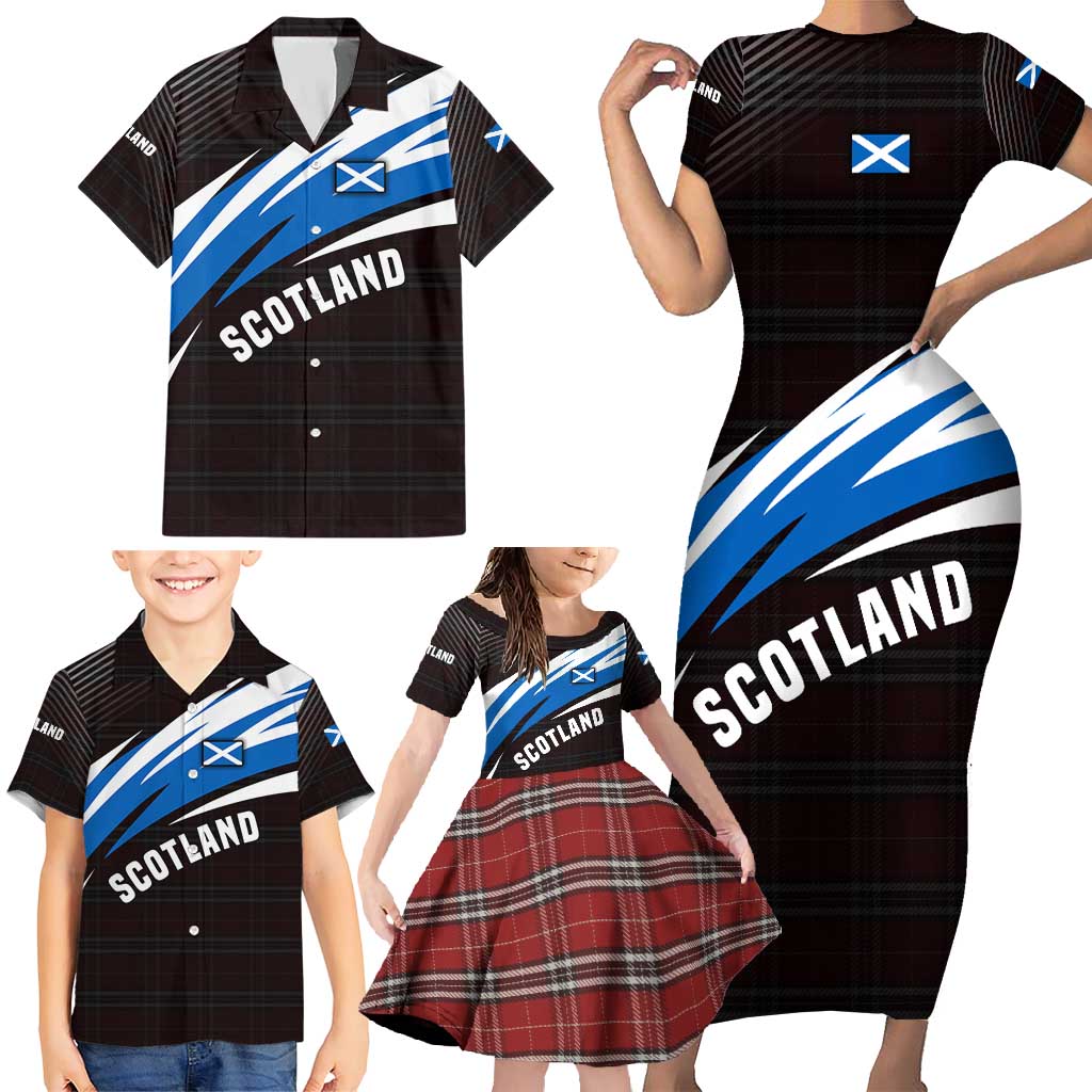 Scotland Lion Family Matching Short Sleeve Bodycon Dress and Hawaiian Shirt with Blue and White Saltire and Tartan Pattern - Wonder Print Shop