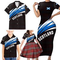 Scotland Lion Family Matching Short Sleeve Bodycon Dress and Hawaiian Shirt with Blue and White Saltire and Tartan Pattern - Wonder Print Shop