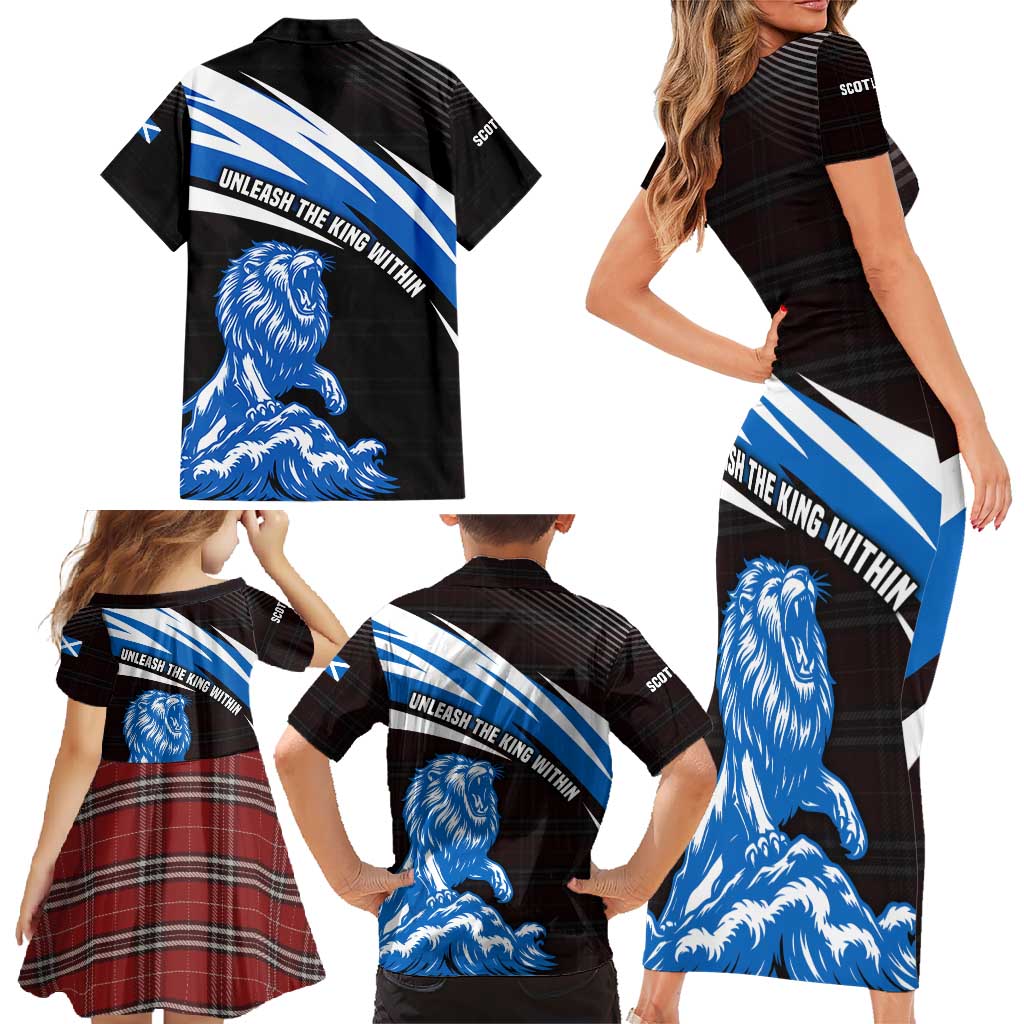 Scotland Lion Family Matching Short Sleeve Bodycon Dress and Hawaiian Shirt with Blue and White Saltire and Tartan Pattern - Wonder Print Shop