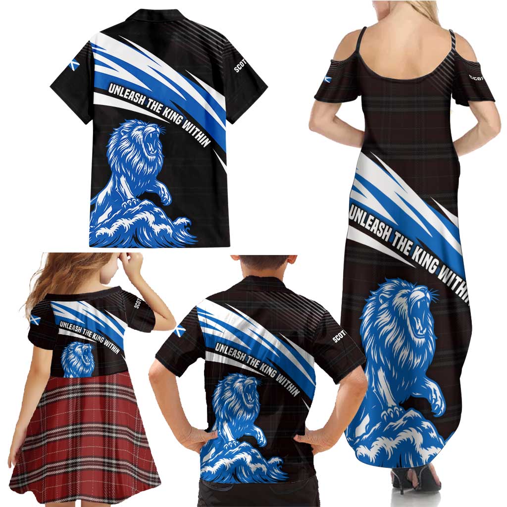 Scotland Lion Family Matching Summer Maxi Dress and Hawaiian Shirt with Blue and White Saltire and Tartan Pattern - Wonder Print Shop