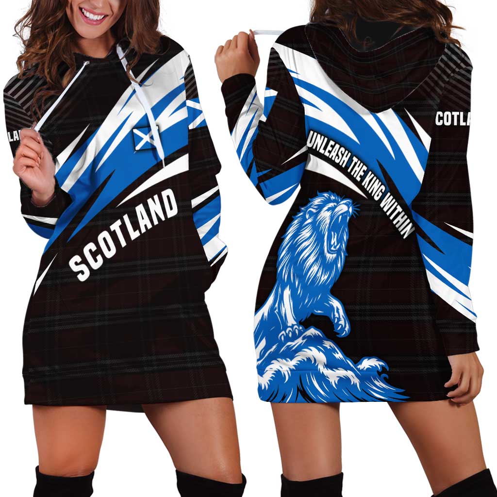 Scotland Lion Hoodie Dress with Blue and White Saltire and Tartan Pattern - Wonder Print Shop