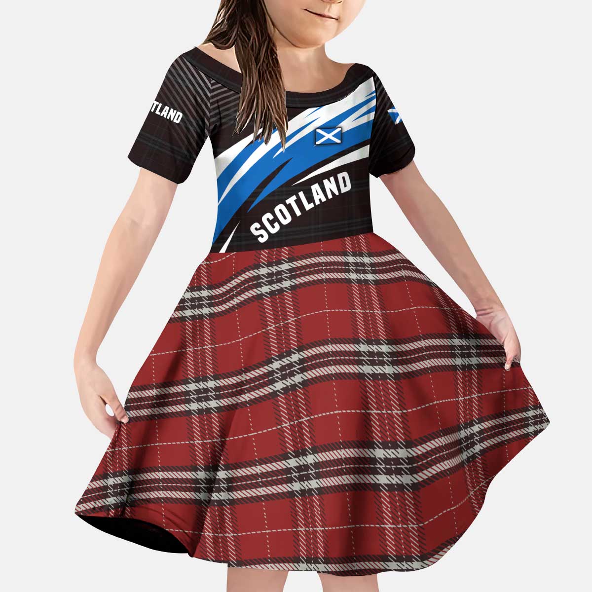 Scotland Lion Kid Short Sleeve Dress with Blue and White Saltire and Tartan Pattern - Wonder Print Shop