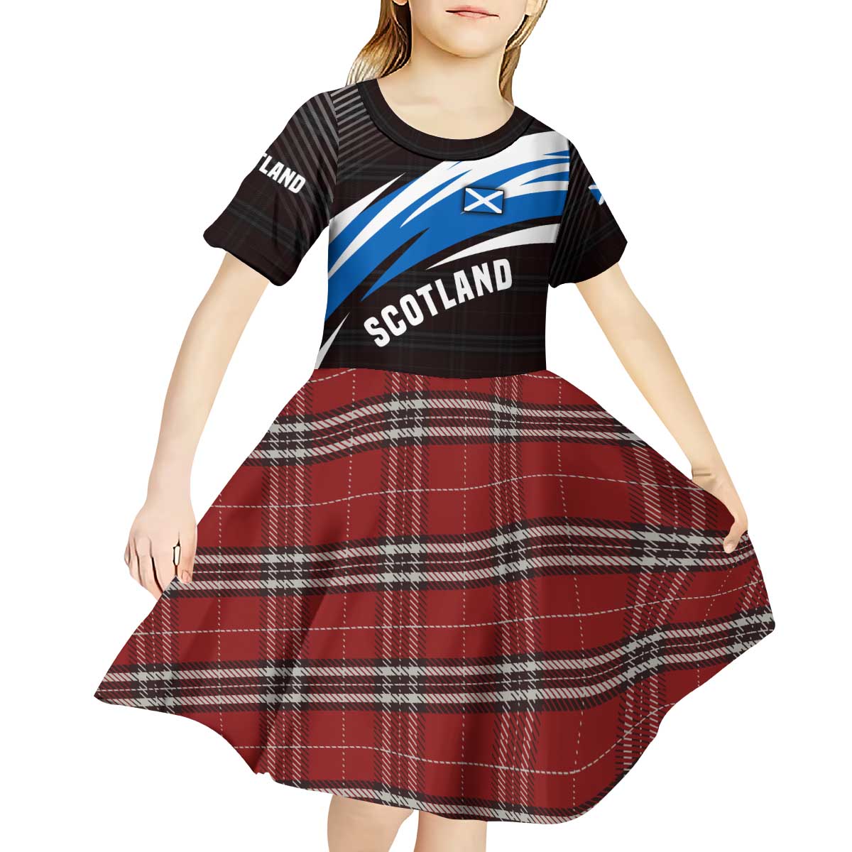 Scotland Lion Kid Short Sleeve Dress with Blue and White Saltire and Tartan Pattern - Wonder Print Shop