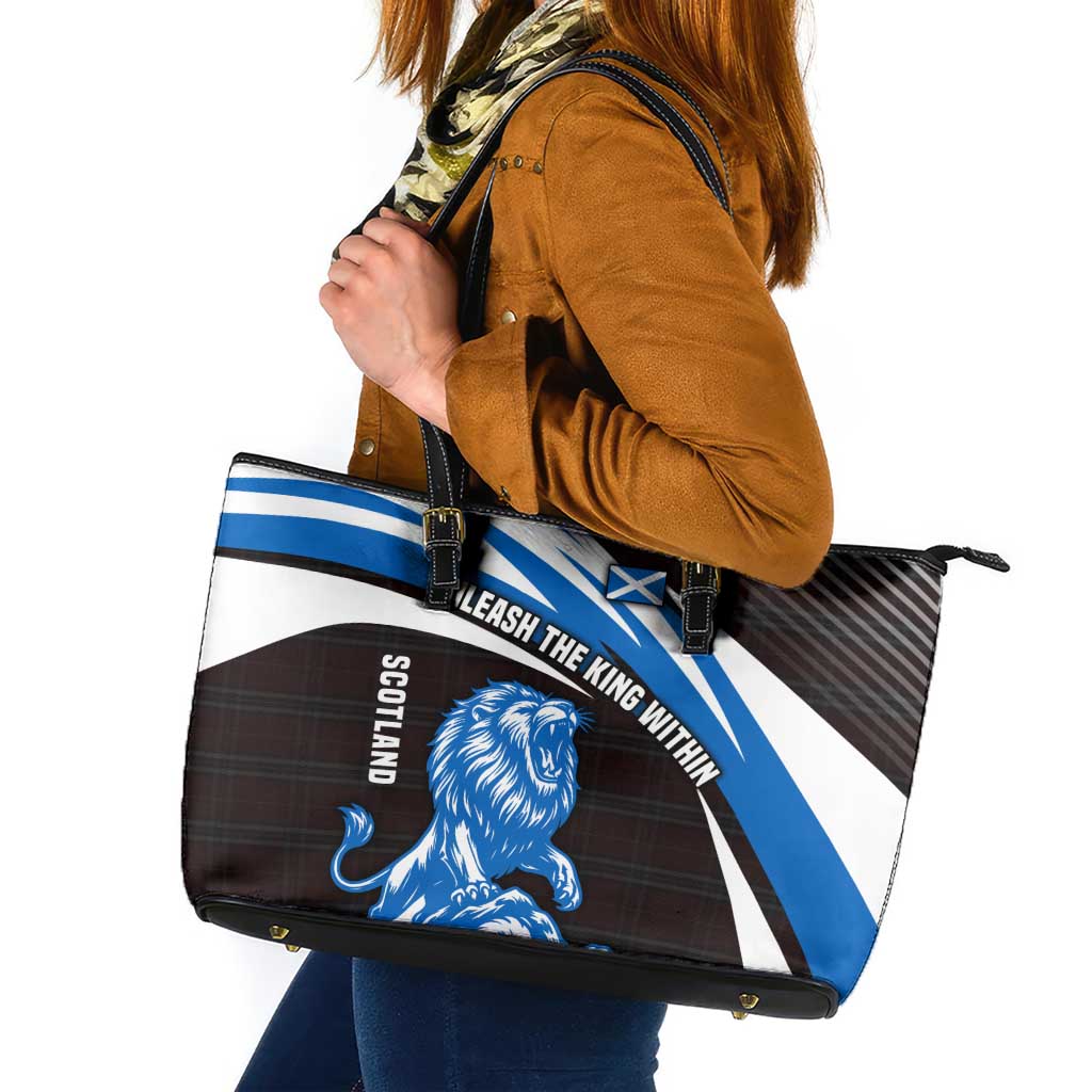 Scotland Lion Leather Tote Bag with Blue and White Saltire and Tartan Pattern - Wonder Print Shop