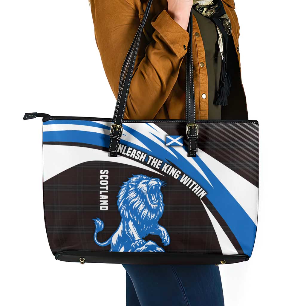 Scotland Lion Leather Tote Bag with Blue and White Saltire and Tartan Pattern - Wonder Print Shop