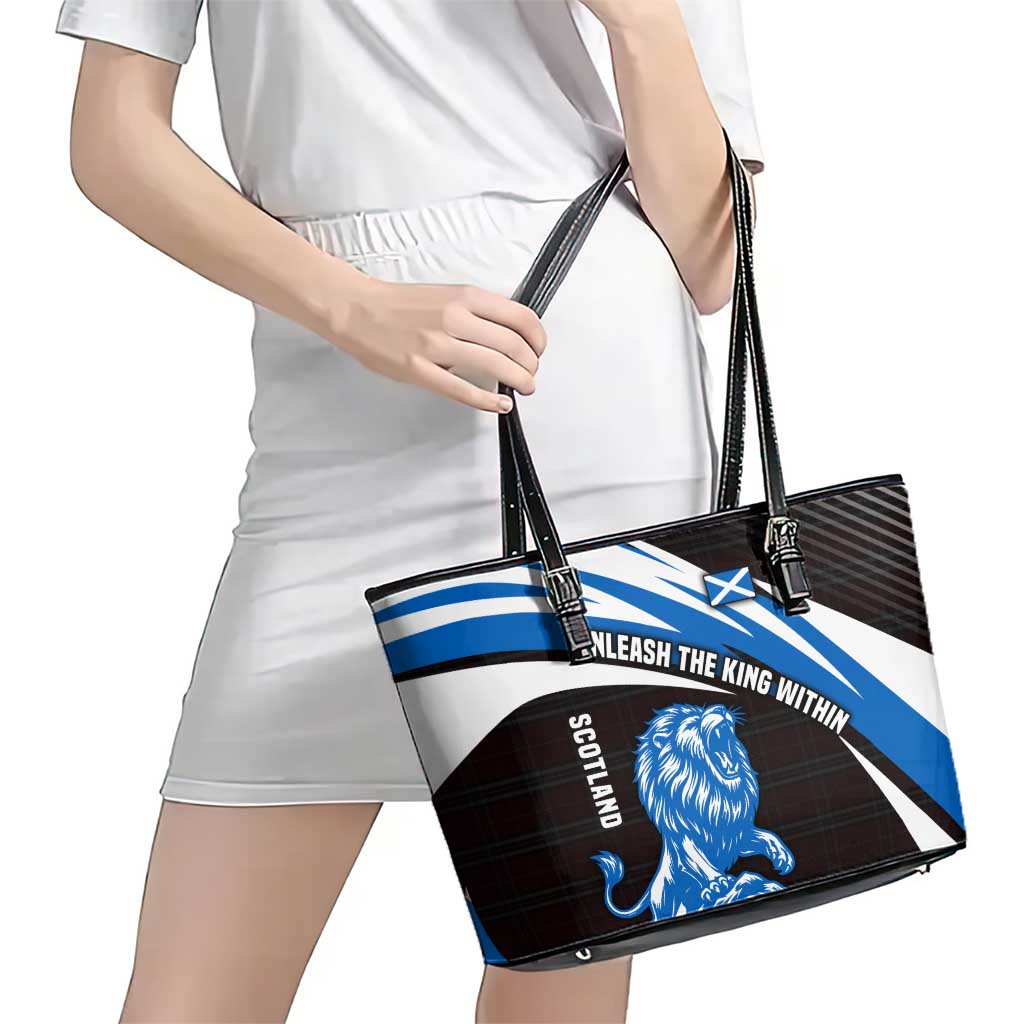 Scotland Lion Leather Tote Bag with Blue and White Saltire and Tartan Pattern - Wonder Print Shop