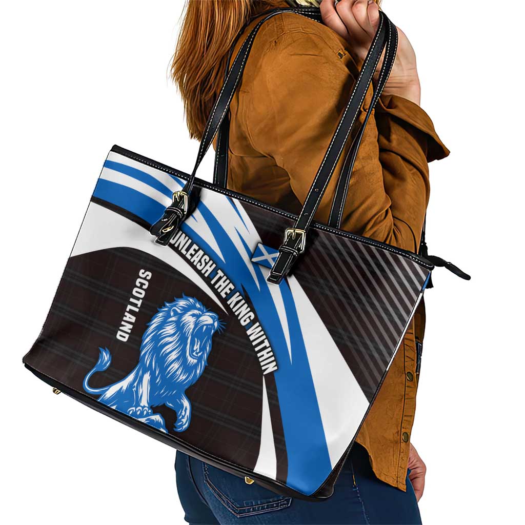 Scotland Lion Leather Tote Bag with Blue and White Saltire and Tartan Pattern - Wonder Print Shop