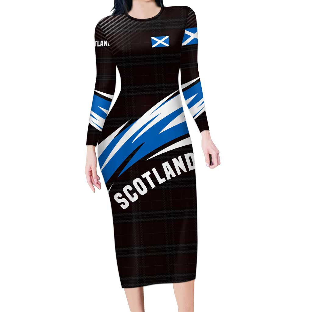 Scotland Lion Long Sleeve Bodycon Dress with Blue and White Saltire and Tartan Pattern - Wonder Print Shop