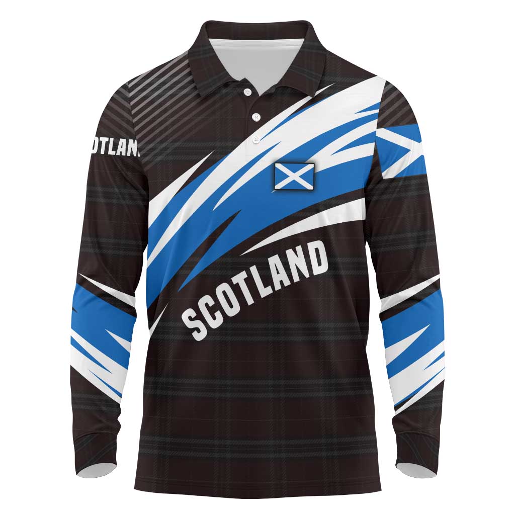Scotland Lion Long Sleeve Polo Shirt with Blue and White Saltire and Tartan Pattern - Wonder Print Shop