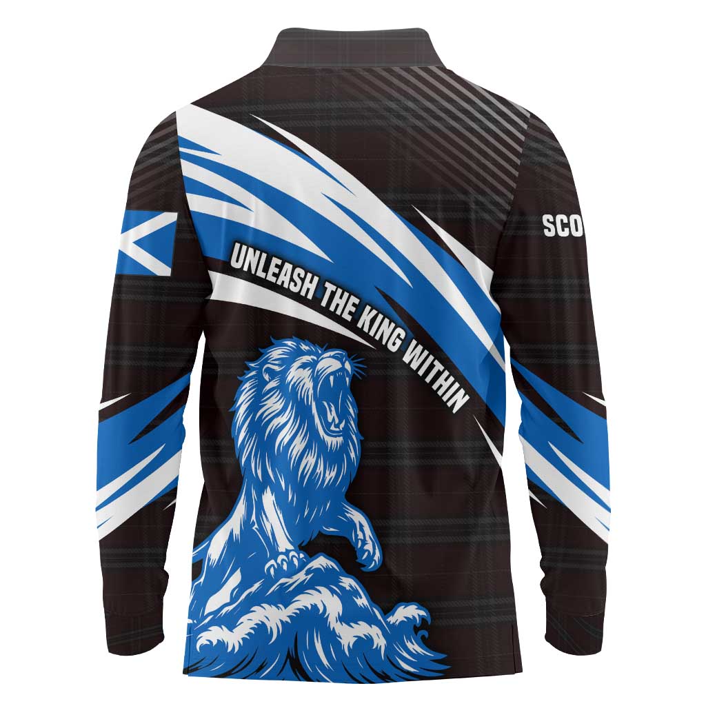 Scotland Lion Long Sleeve Polo Shirt with Blue and White Saltire and Tartan Pattern - Wonder Print Shop