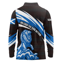 Scotland Lion Long Sleeve Polo Shirt with Blue and White Saltire and Tartan Pattern - Wonder Print Shop