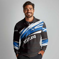 Scotland Lion Long Sleeve Polo Shirt with Blue and White Saltire and Tartan Pattern - Wonder Print Shop