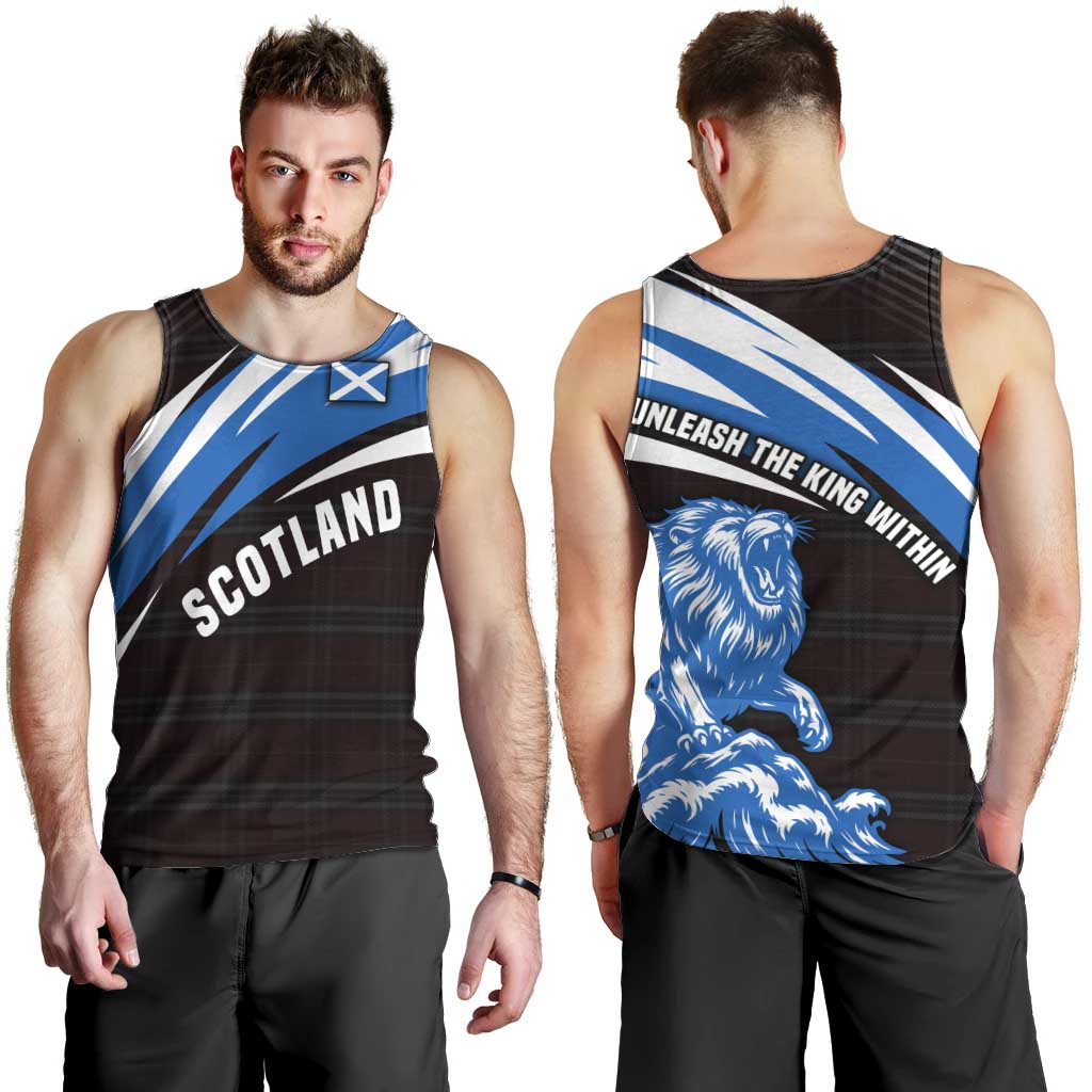 Scotland Lion Men Tank Top with Blue and White Saltire and Tartan Pattern - Wonder Print Shop