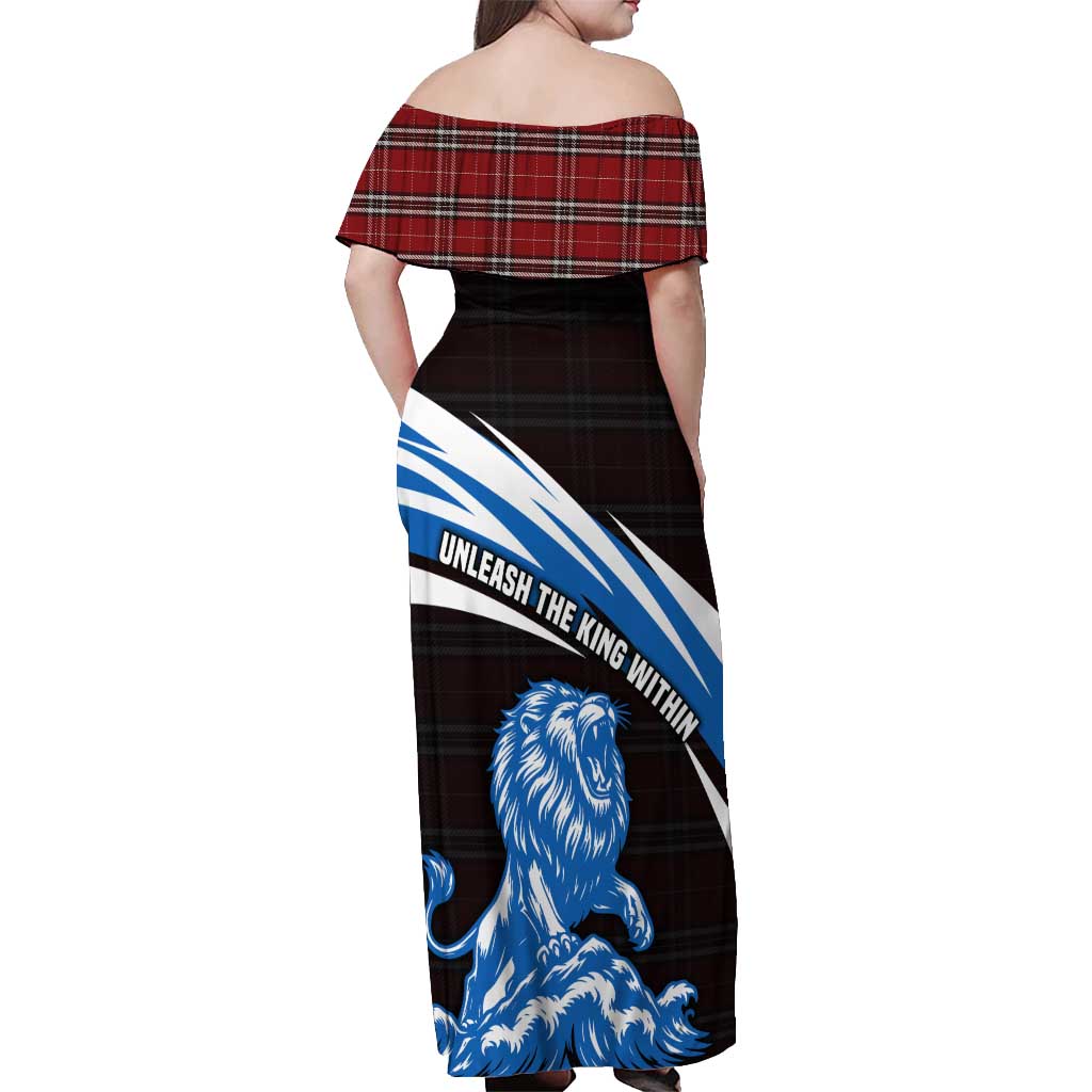 Scotland Lion Off Shoulder Maxi Dress with Blue and White Saltire and Tartan Pattern - Wonder Print Shop