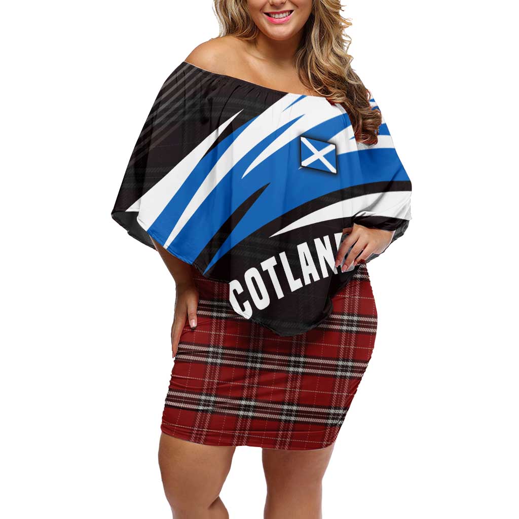 Scotland Lion Off Shoulder Short Dress with Blue and White Saltire and Tartan Pattern - Wonder Print Shop
