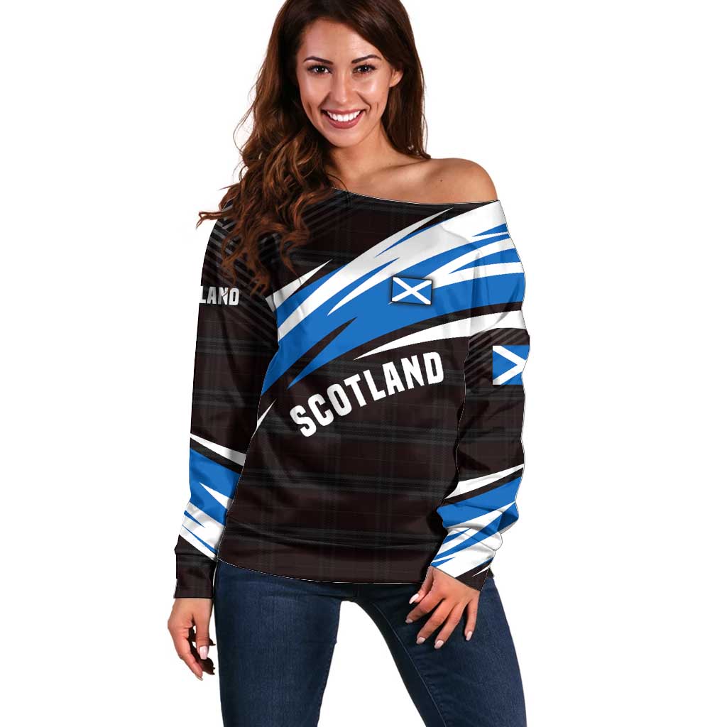 Scotland Lion Off Shoulder Sweater with Blue and White Saltire and Tartan Pattern - Wonder Print Shop