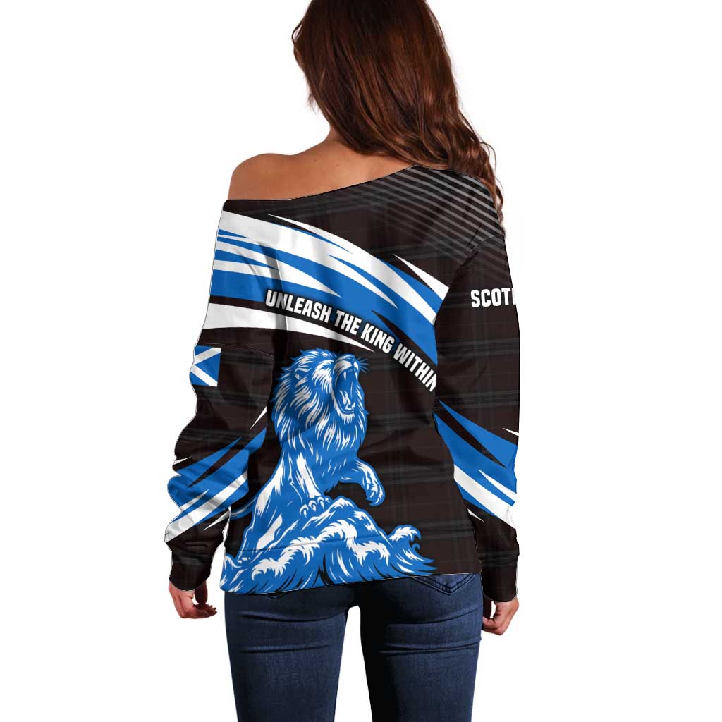Scotland Lion Off Shoulder Sweater with Blue and White Saltire and Tartan Pattern - Wonder Print Shop
