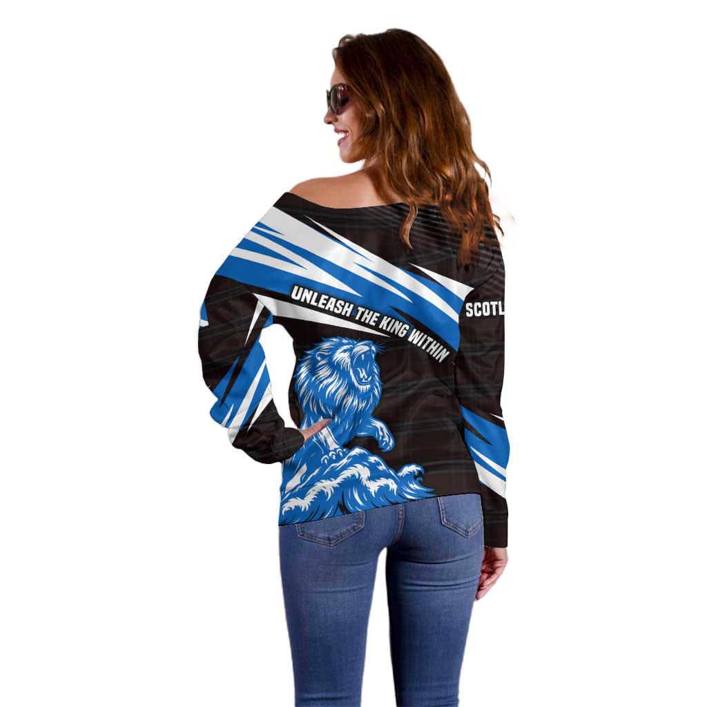 Scotland Lion Off Shoulder Sweater with Blue and White Saltire and Tartan Pattern - Wonder Print Shop