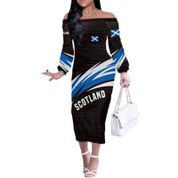 Scotland Lion Off The Shoulder Long Sleeve Dress with Blue and White Saltire and Tartan Pattern - Wonder Print Shop