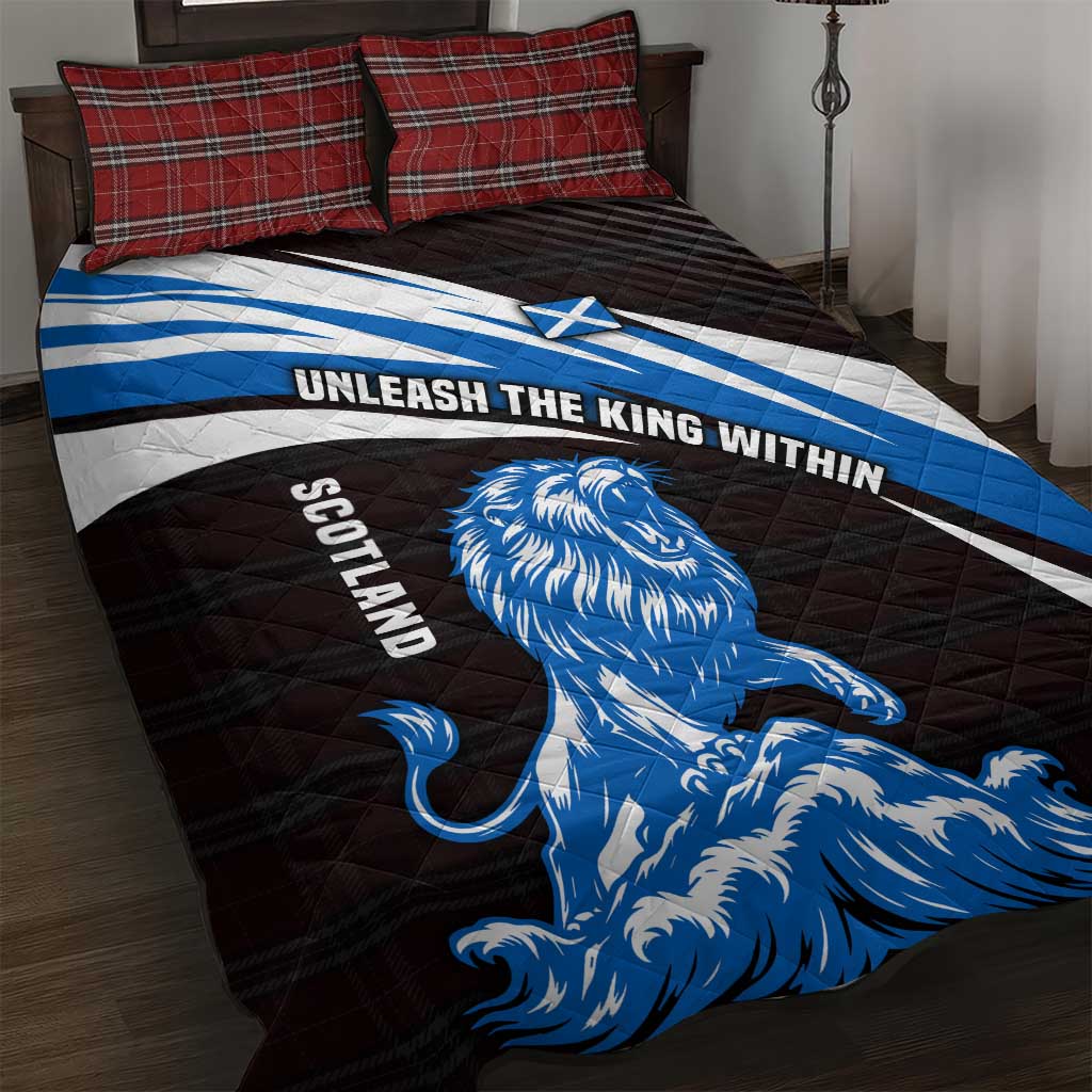Scotland Lion Quilt Bed Set with Blue and White Saltire and Tartan Pattern - Wonder Print Shop