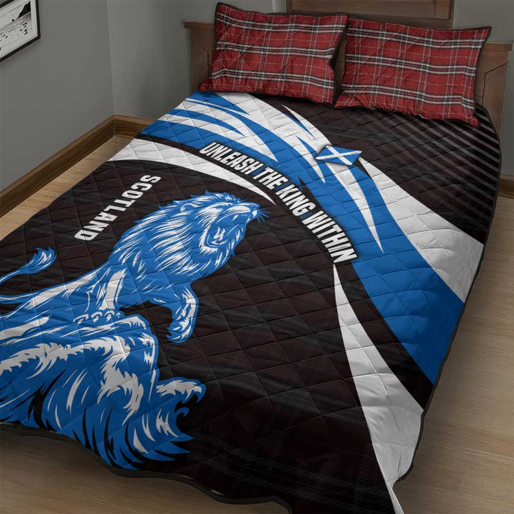 Scotland Lion Quilt Bed Set with Blue and White Saltire and Tartan Pattern - Wonder Print Shop