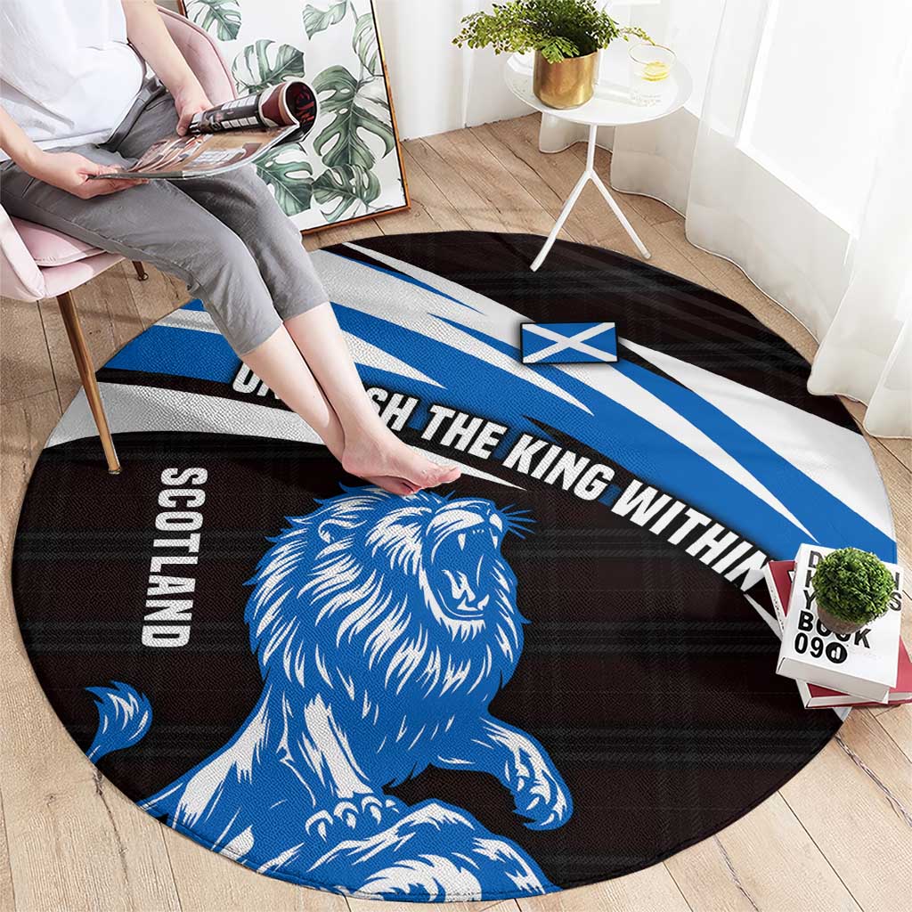 Scotland Lion Round Carpet with Blue and White Saltire and Tartan Pattern - Wonder Print Shop