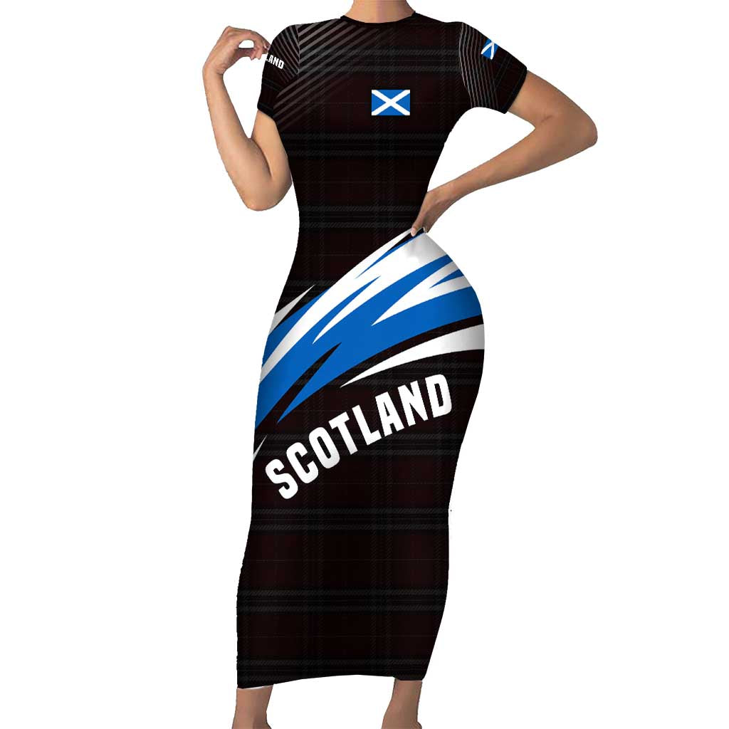 Scotland Lion Short Sleeve Bodycon Dress with Blue and White Saltire and Tartan Pattern - Wonder Print Shop