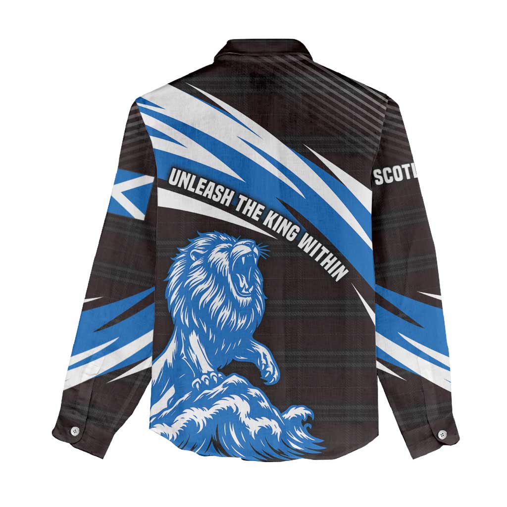 Scotland Lion Women Casual Shirt with Blue and White Saltire and Tartan Pattern - Wonder Print Shop