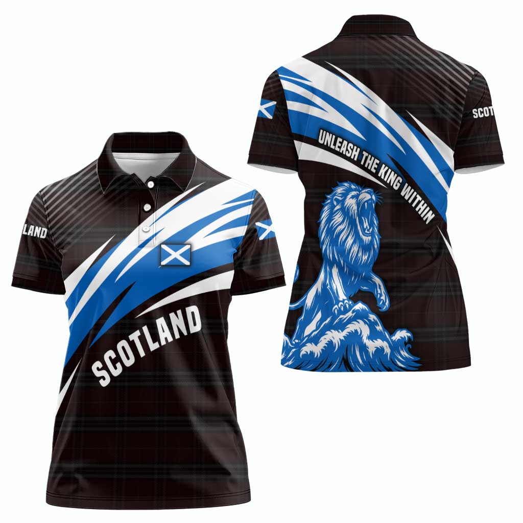Scotland Lion Women Polo Shirt with Blue and White Saltire and Tartan Pattern - Wonder Print Shop