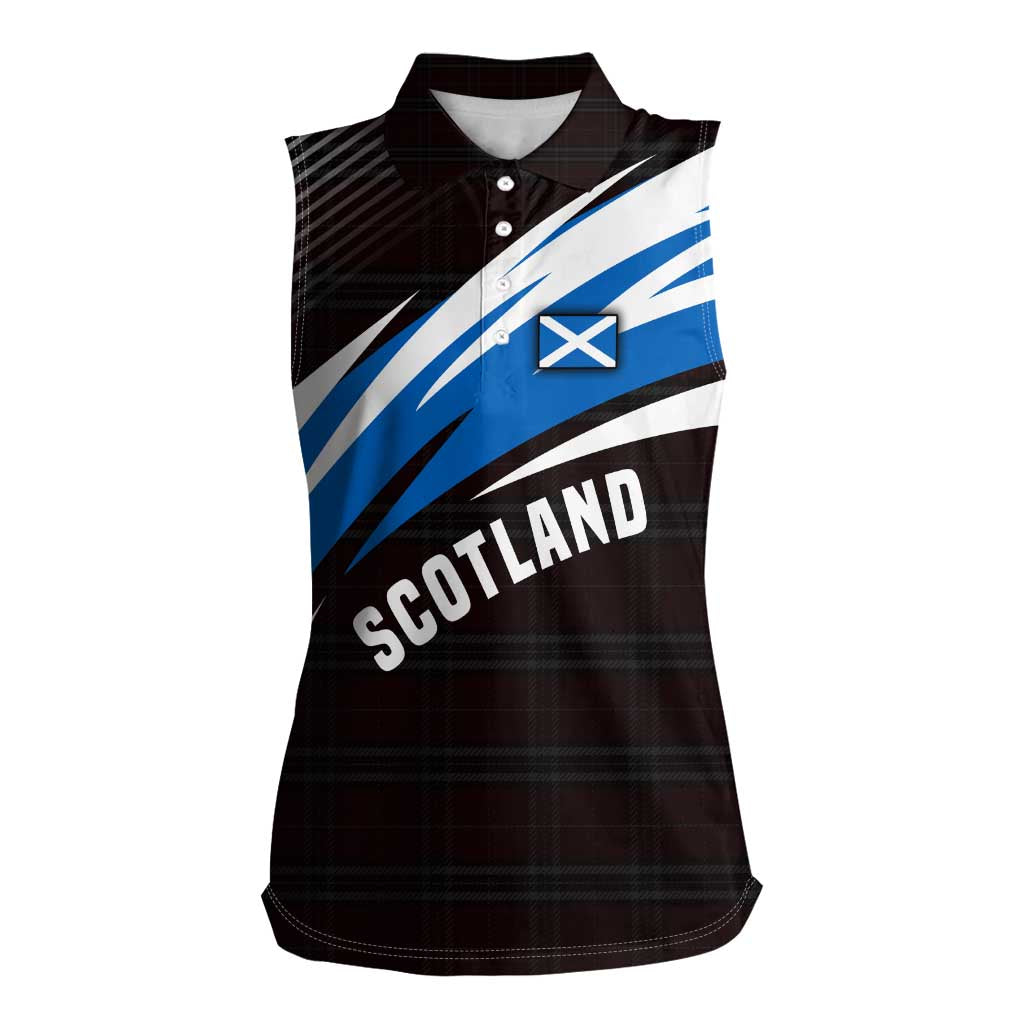 Scotland Lion Women Sleeveless Polo Shirt with Blue and White Saltire and Tartan Pattern - Wonder Print Shop