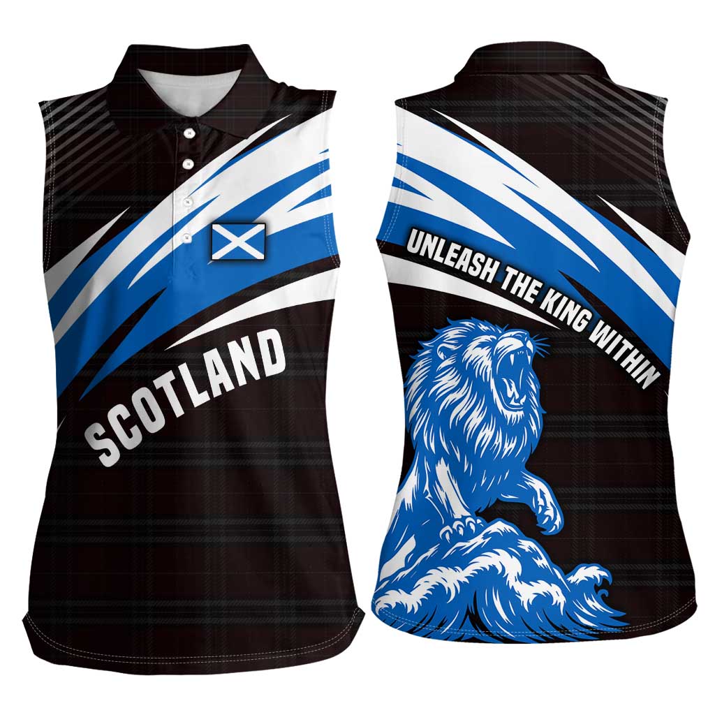 Scotland Lion Women Sleeveless Polo Shirt with Blue and White Saltire and Tartan Pattern - Wonder Print Shop