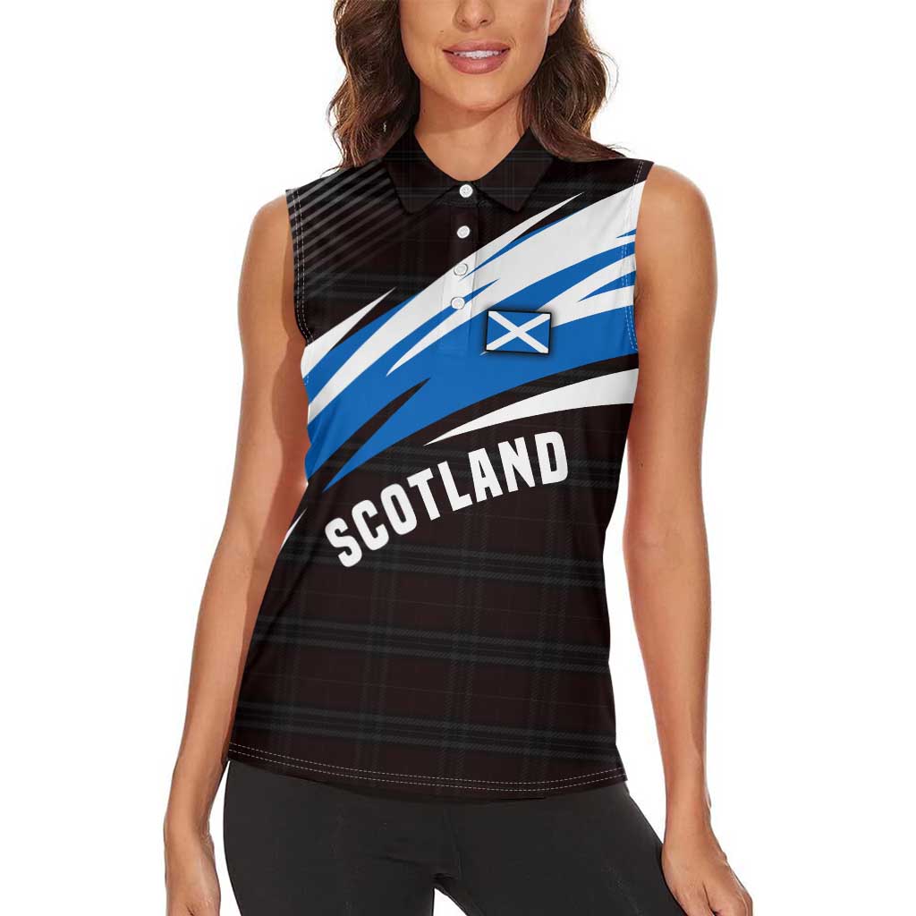 Scotland Lion Women Sleeveless Polo Shirt with Blue and White Saltire and Tartan Pattern - Wonder Print Shop