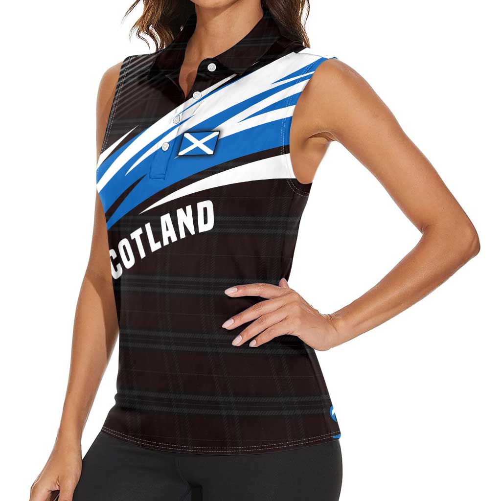 Scotland Lion Women Sleeveless Polo Shirt with Blue and White Saltire and Tartan Pattern - Wonder Print Shop