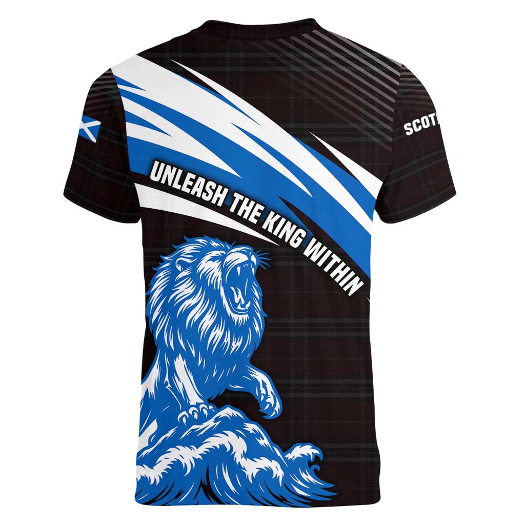 Scotland Lion Women V-Neck T-Shirt with Blue and White Saltire and Tartan Pattern - Wonder Print Shop