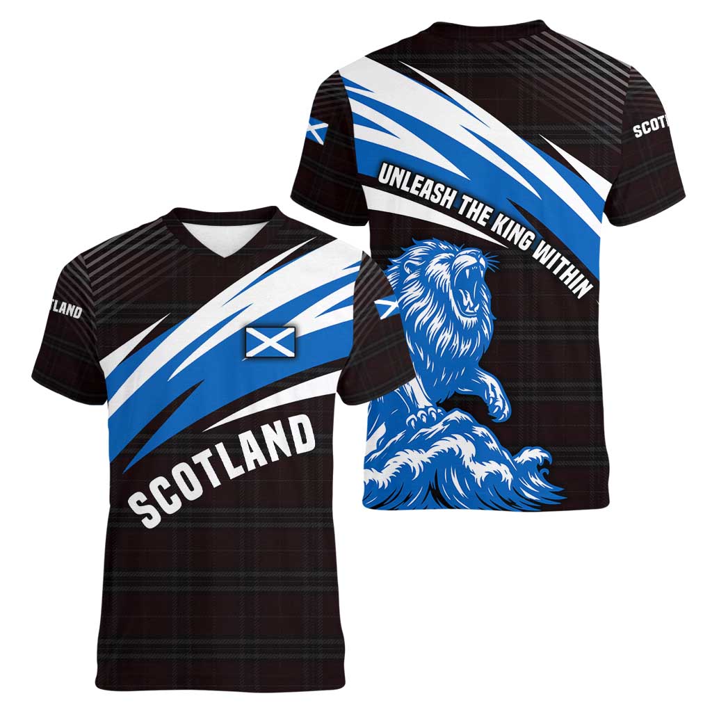 Scotland Lion Women V-Neck T-Shirt with Blue and White Saltire and Tartan Pattern - Wonder Print Shop