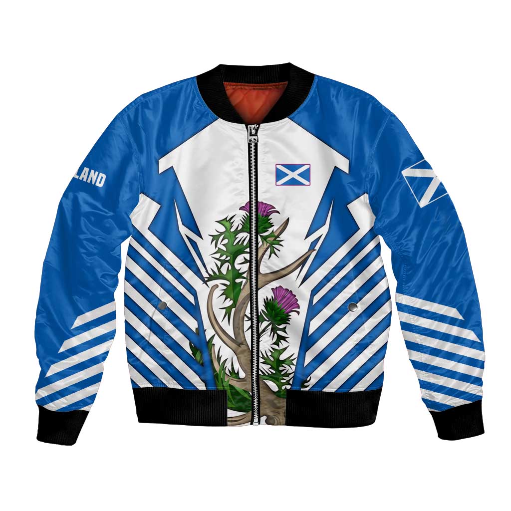 Scotland Thistle and Saltire Bomber Jacket with Blue and White National Design - Wonder Print Shop