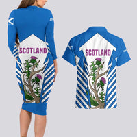 Scotland Thistle and Saltire Couples Matching Long Sleeve Bodycon Dress and Hawaiian Shirt with Blue and White National Design - Wonder Print Shop