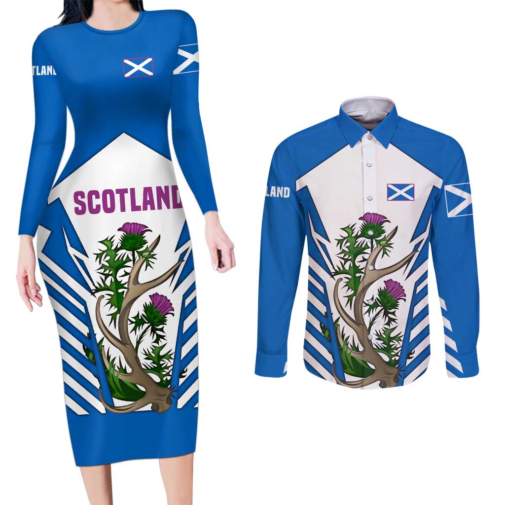 Scotland Thistle and Saltire Couples Matching Long Sleeve Bodycon Dress and Long Sleeve Button Shirt with Blue and White National Design - Wonder Print Shop