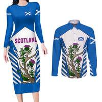 Scotland Thistle and Saltire Couples Matching Long Sleeve Bodycon Dress and Long Sleeve Button Shirt with Blue and White National Design - Wonder Print Shop